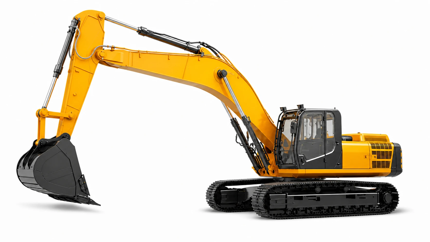 Yellow tracked excavator with its bucket to the left and machine body to the right